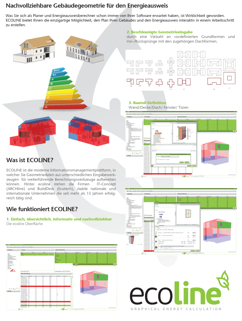 Flyer zeigt alle Funktionen von ecoline – Planung, Bauphysik, Energieausweis