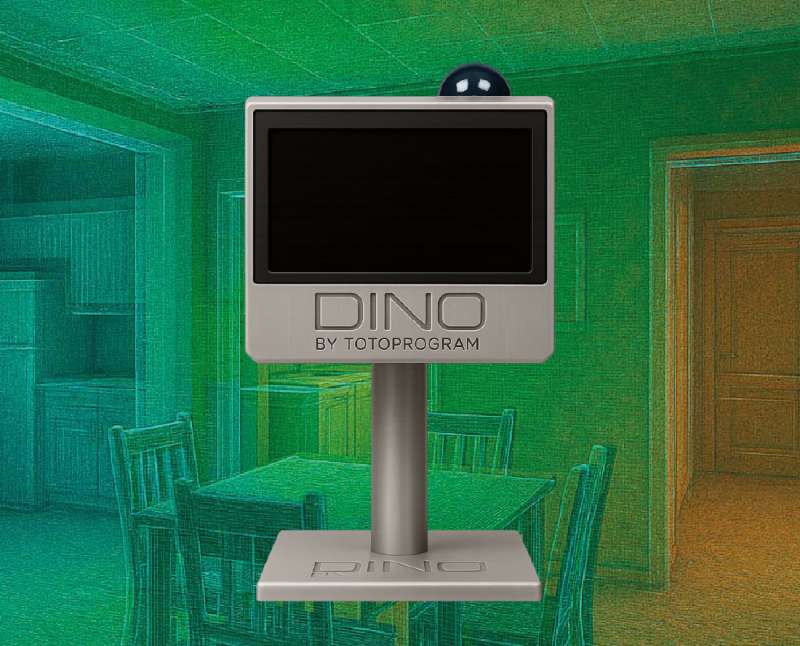 DINO SLAM-Scanner im Vordergrund mit Echtzeit-Punktwolken-Scan im Hintergrund