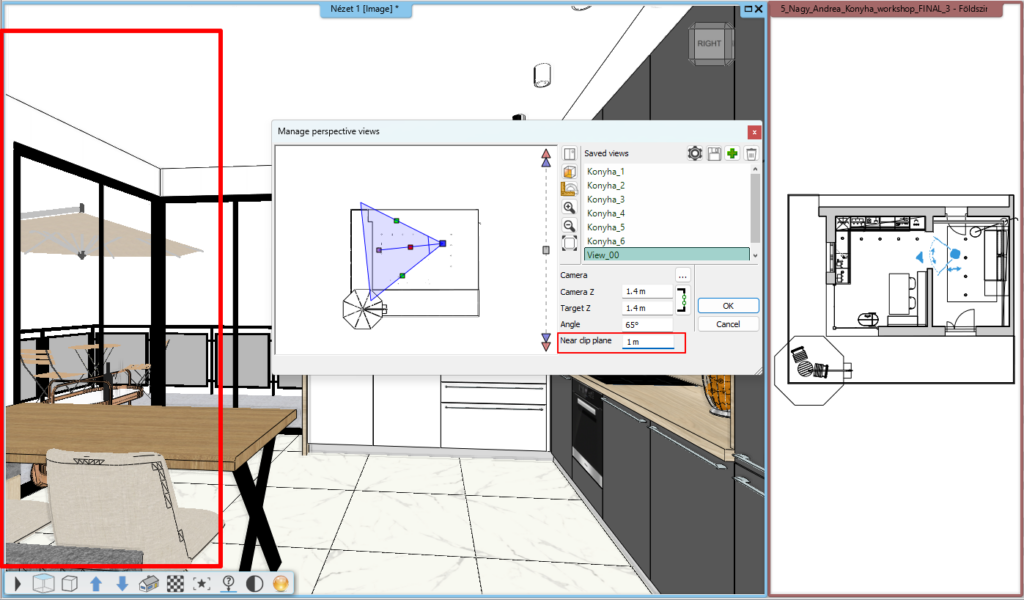 ARCHLine.XP 2026 Near Clipping aktiv 1m – Wand wird ausgeblendet fuer saubere Innenraumperspektive