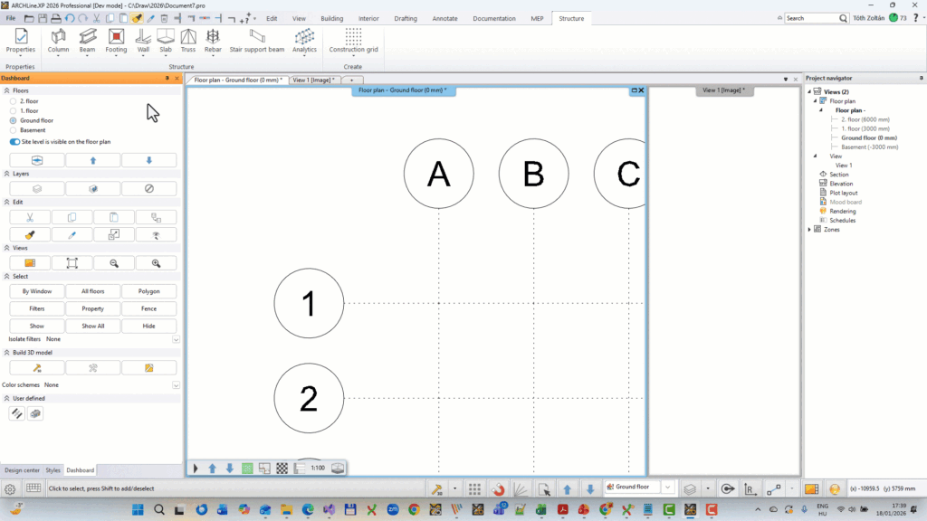 ARCHLine.XP 2026 Analytisches Modell aktiviert – Knoten und Achsen der Strukturelemente sichtbar
