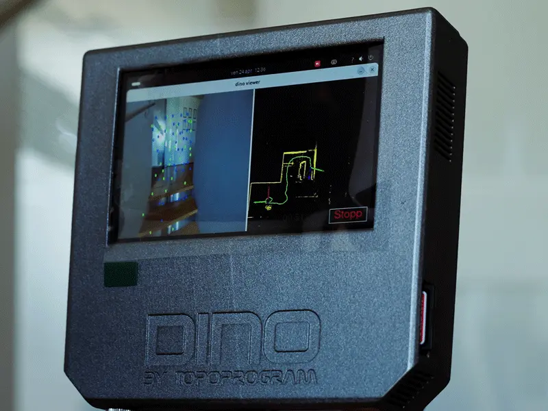 DINO SLAM-Scanner Schritt 1: Gerät einschalten – Display zeigt Startbildschirm mit Dino Viewer