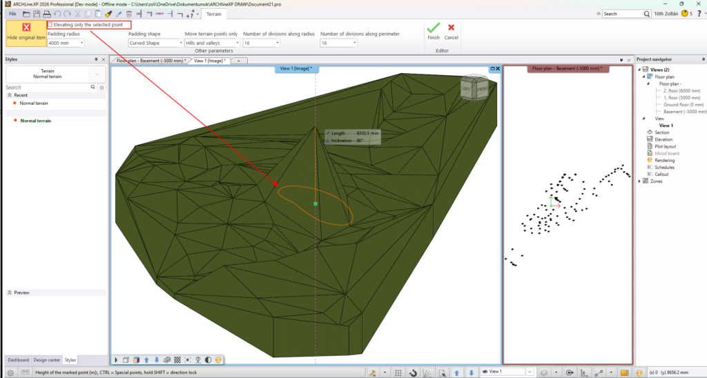 ARCHLine.XP 2026 Gelaendepunkt in 3D-Ansicht – Hoehe direkt im 3D-Modell veraendern